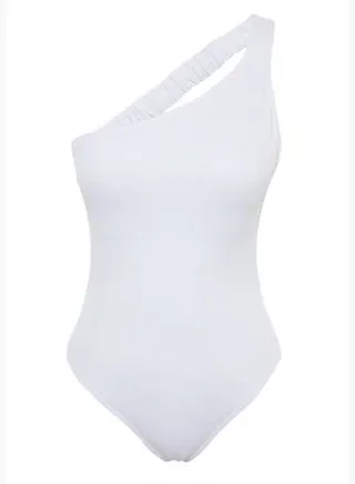 White One-Shoulder Gathered Textured High Leg Swimsuit