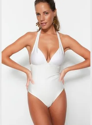 Ecru V-Neck Regular Leg Swimwear TBESS23MA00210