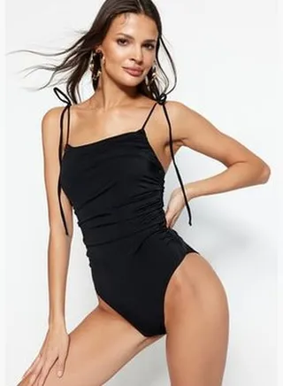 Black Square Collar Draped Swimsuit TBESS22MA0009