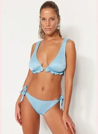 Blue Triangle Glittery Bikini Top With Frills TBESS23BU00114