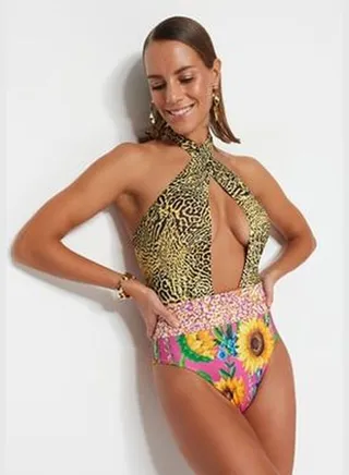 Multicolored Patterned Mixed Decollete Swimsuit TBESS22MA0281