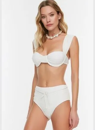 Ecru Gingham Textured Accessory Textured High Waist Bikini Bottom TBESS21BA0167