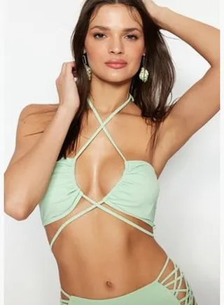 Green Strapless Tie Bikini Top TBESS23BU00003