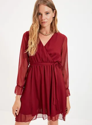 Sheer Sleeve Pleated Wrap Dress