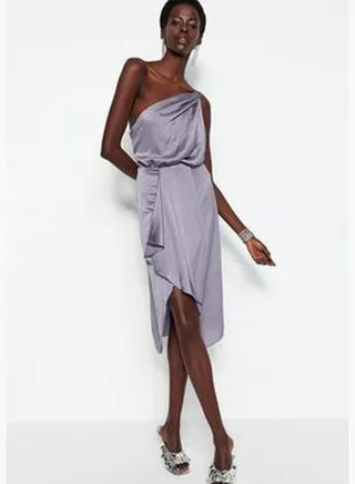 Gray Double Breasted Evening Dress in Woven Satin with Lining TPRSS22EL0967