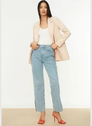 Beige Regular Lined Double Breasted Blazer with Closure TWOSS20CE0059