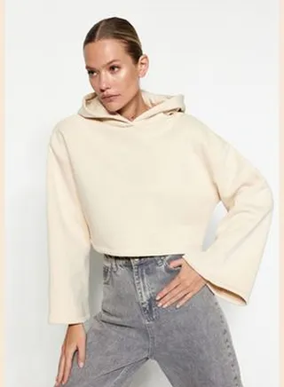 Exposed Stones Thick Fleece Inside Relaxed Cut Crop Spanish Sleeves Hooded Knitted Sweatshirt TWOAW24SW00284