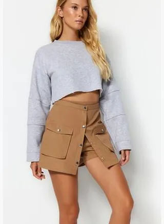 Camel Short Skirt with Pockets and Buttons TWOAW24SR00004