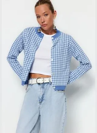 Light Blue Patterned Knitwear Cardigan TWOAW22HI0234