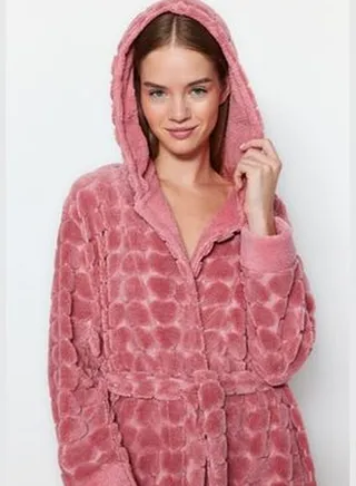 Pink Heart Patterned Fleece Knitted Dressing Gown THMAW24SB00002