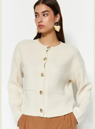 Soft Textured Ecru, Tricot Cardigan with Accessories TWOAW24HI00023