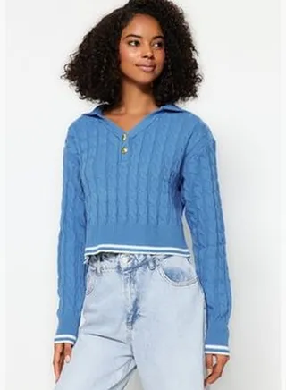 Blue Crop Polo Collar Knitwear Sweater TWOAW24KZ00727