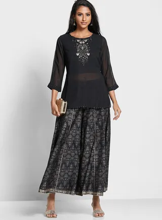 Embroidered Top & Printed Plazzo Set