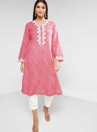 V-Neck Embroidered Kurti & Pants Set