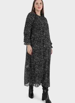 Floral Print Mesh Puff Sleeve Dress