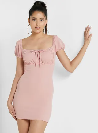 Tie Detail Bodycon Ribbed Dress