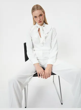 V Neck Long Sleeve Shawl Neck Blouse