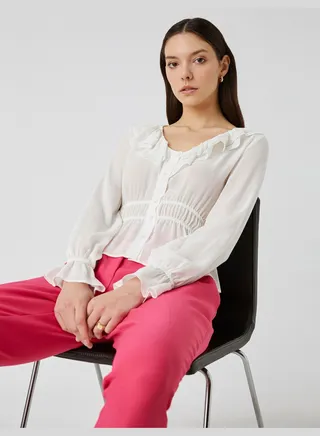 V Neck Frill Long Sleeve Blouse