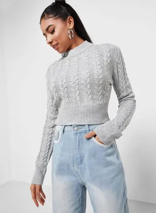 Chunky Cable Knit Cropped Sweater