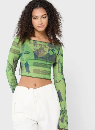 Round Neck Sheer Printed Top