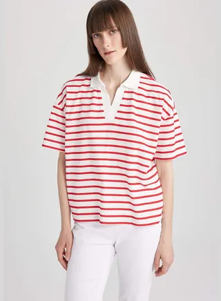 Woman Short Sleeve Knitted Short Sleeve Polo T-Shirt