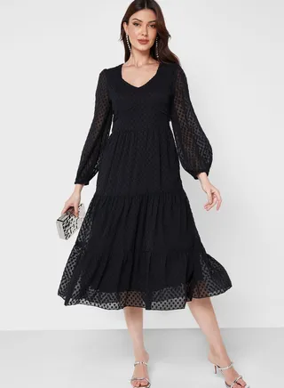 Self Textured Tiered Dress