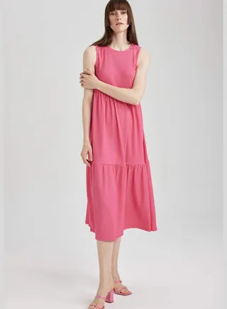 Woman Tiered C Neck Short Sleeve Knitted Dress