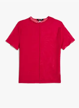 Tulle Detail Short Sleeve Crew Neck Sport T-Shirt