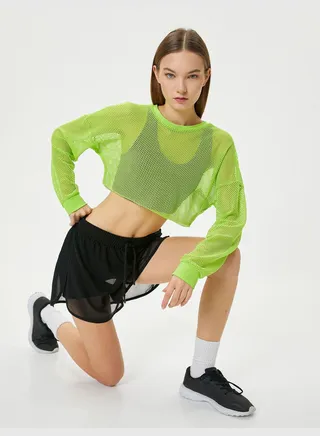 Crop Mesh T-Shirt Sport Long Sleeve Crew Neck