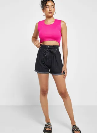 Tie Up Detail Denim Shorts