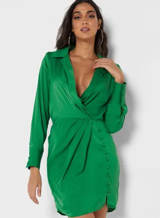 Plunge Neck Button Detail Dress