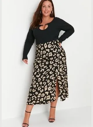 Black Animal Patterned Slit Woven Skirt TBBAW23AZ00032