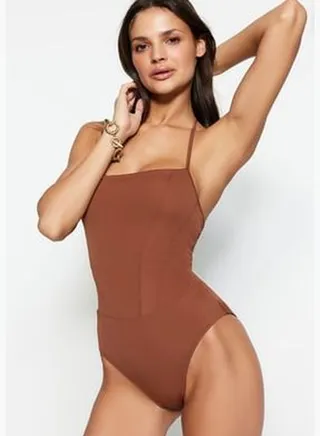 Brown Square Collar Contrasting Regular Leg Swimsuit TBESS23MA00157