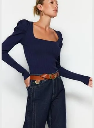 Navy Blue Pleated Square Collar Knitwear Sweater TWOAW21KZ0649