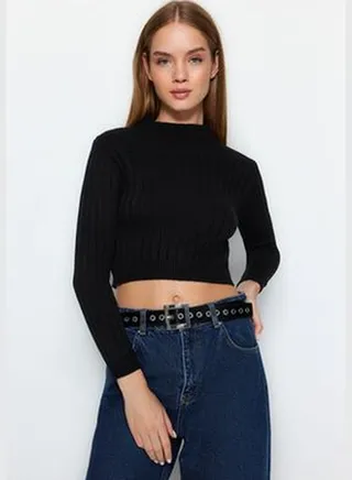 Black Crop Basic Knitwear Sweater TWOAW24KZ01210