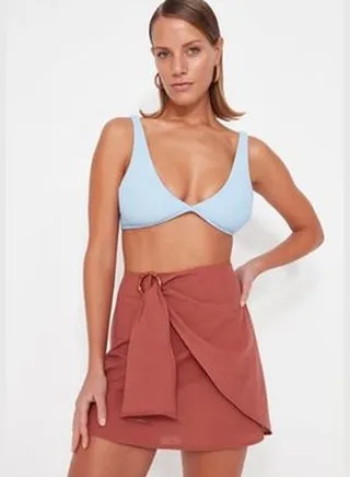 Brown Mini Tie Tie 100% Cotton Skirt TBESS23ET00043