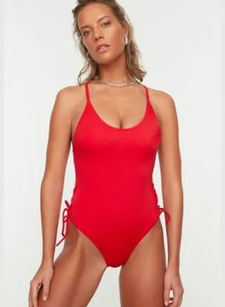 Red V-Neck Tunnel Normal Leg Swimsuit TBESS22MA0013