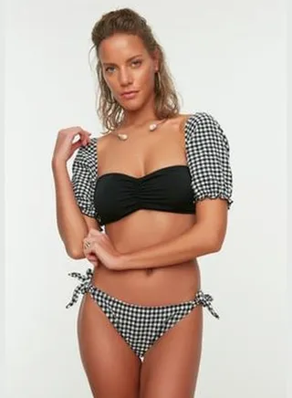 Black Gingham Bikini Bottoms with Textured Tie Regular Leg TBESS21BA0098