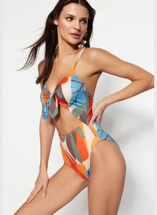 Tropical Pattern V-Neck Cut Out/Windowed Swimsuit TBESS22MA0097