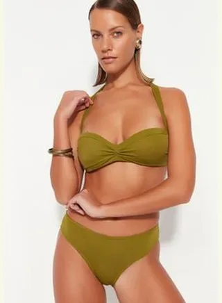 Khaki Strapless Pleated Bikini Top TBESS23BU00213
