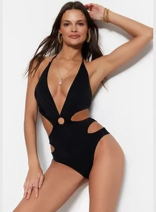 Black Deep-Decollete Accessorised, Regular Leg Swimsuit TBESS23MA00130