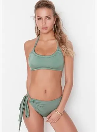 Green Tie High Waist Bikini Bottoms With Regular Legs TBESS22BA0209