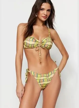 Checked Patterned Bound Bikini Bottoms with Regular Legs TBESS23BA00034