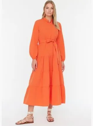 Orange Belted Knitted Collar Button Detailed Woven Dress TCTSS21EL3343