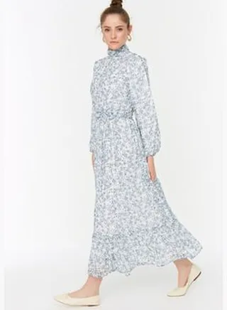 Blue Floral Stand-Up Collar Chiffon Knitted Dress With Self-Line Waist Detail TCTSS22EB0032