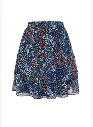 Navy Blue Lined Flounce Chiffon Floral Pattern Mini Woven Skirt TWOAW21ET0410