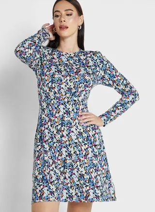 Jersey Printed Round Neck Mini Skater Dress