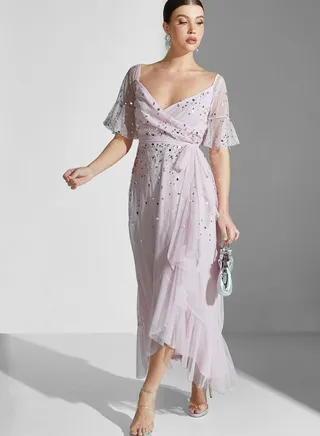 Ruffle Detail High Low Sequin Dress