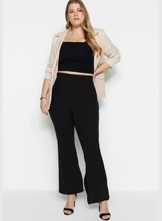 Black High Waist Spanish Legs Slit Detailed Knitted Pants TBBAW23AR00030