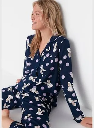Navy Blue Rabbit Printed Woven Pajamas Set THMAW21PT0048